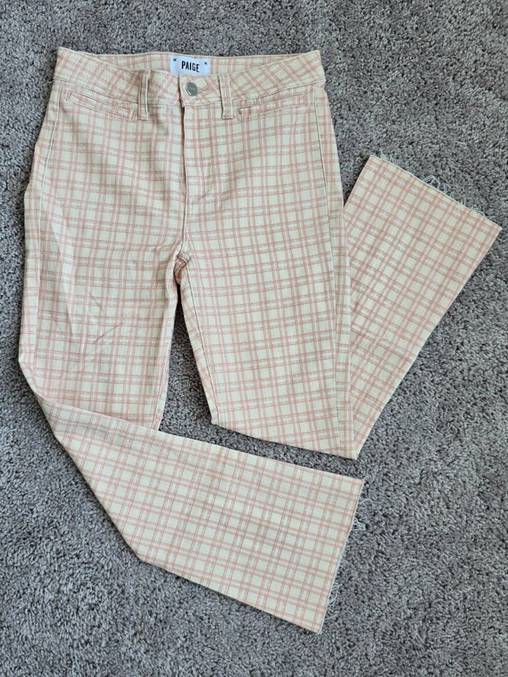 PAIGE Colette Cropped Flare Jeans Micro Reef Plaid Raw Hem Stretch Denim 26